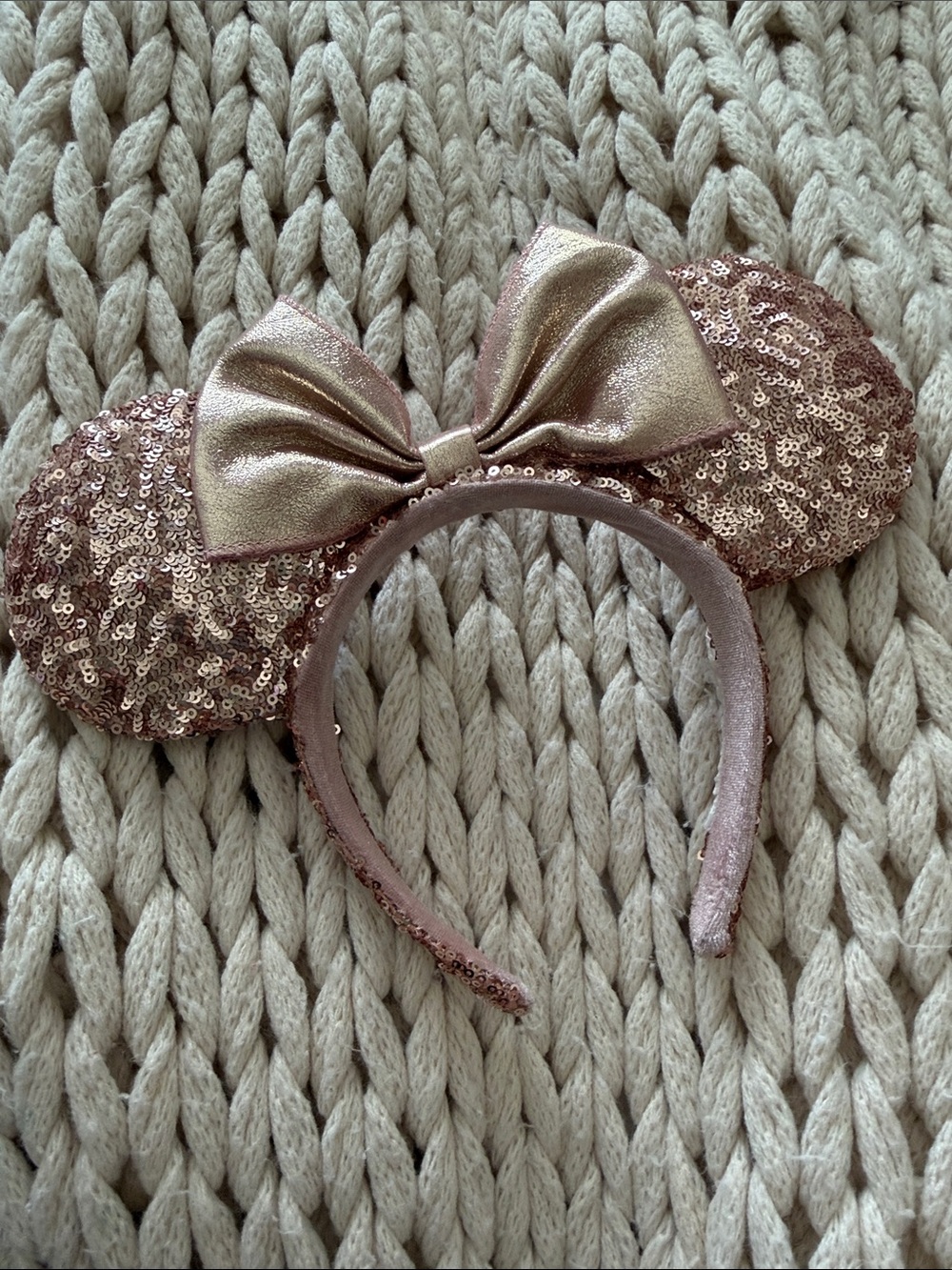 Rose Gold Sequin Minnie Ear Headband with Metallic Bow